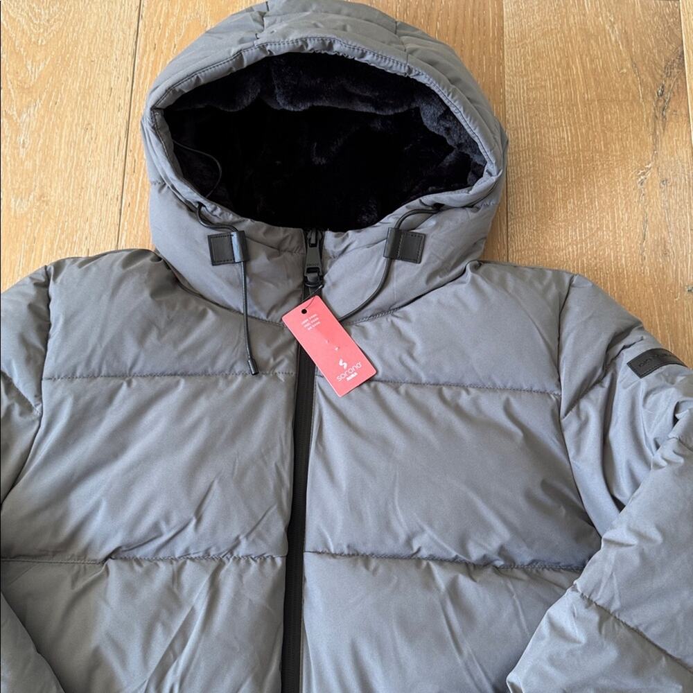 DKNY Hooded Puffer Parka Winter Snow Jacket Gray Lined Storm Cuffs Size XL NWT - Picture 3 of 10